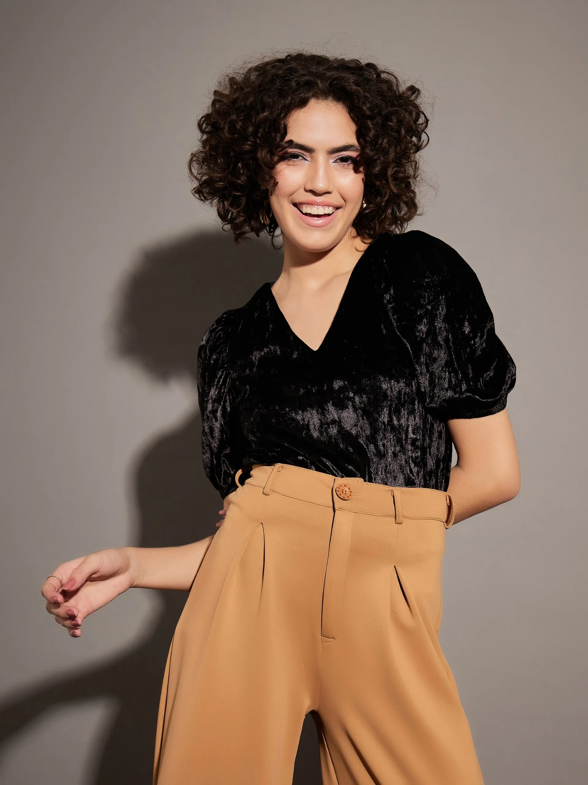 Women Black Velvet Puff Sleeves Top