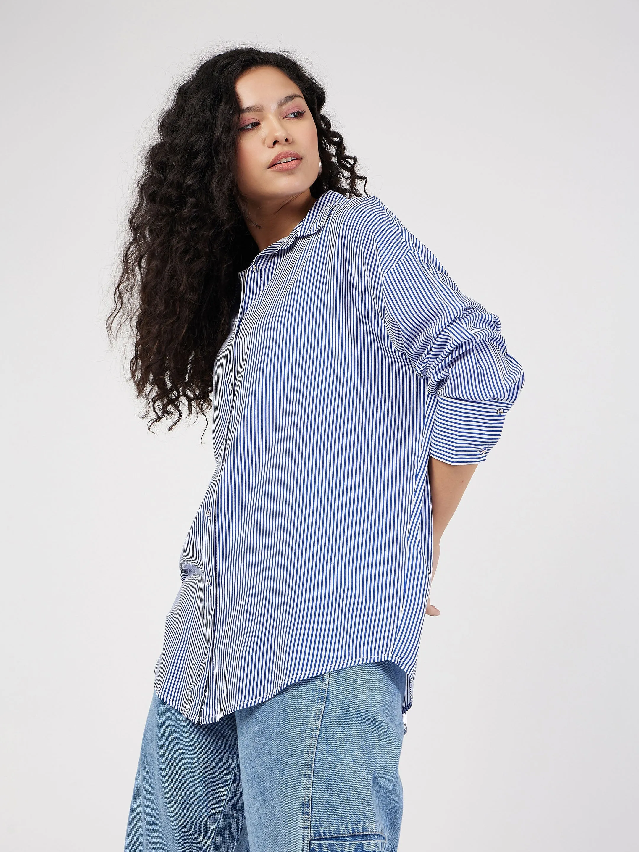 Women Blue & White Pinstriped Oversize Shirt