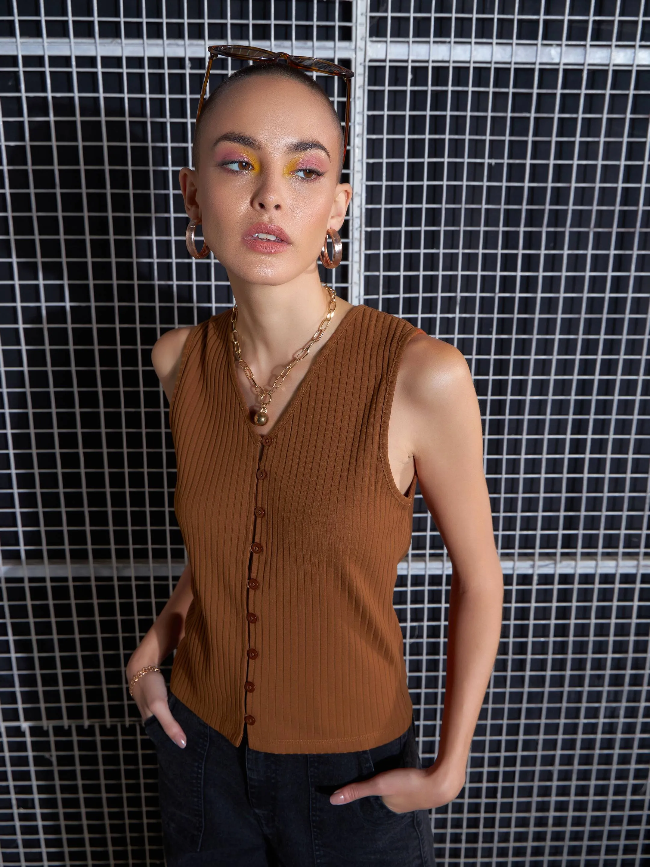 Women Brown Rib Front Button Top