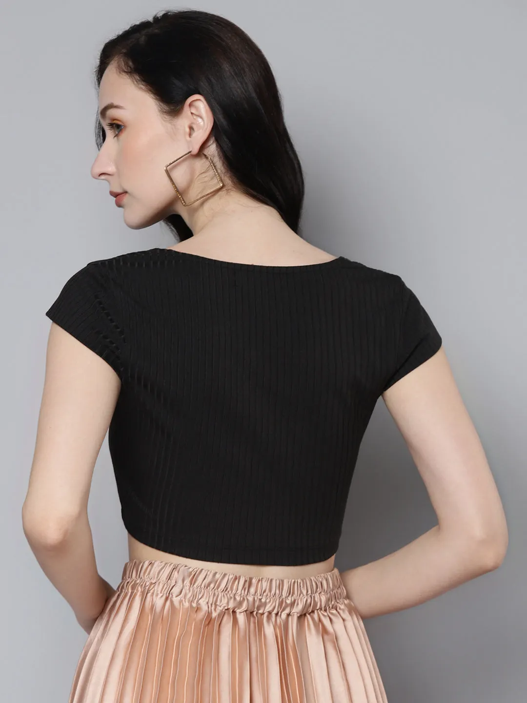 Women Charcoal Rib Square Neck Crop Top