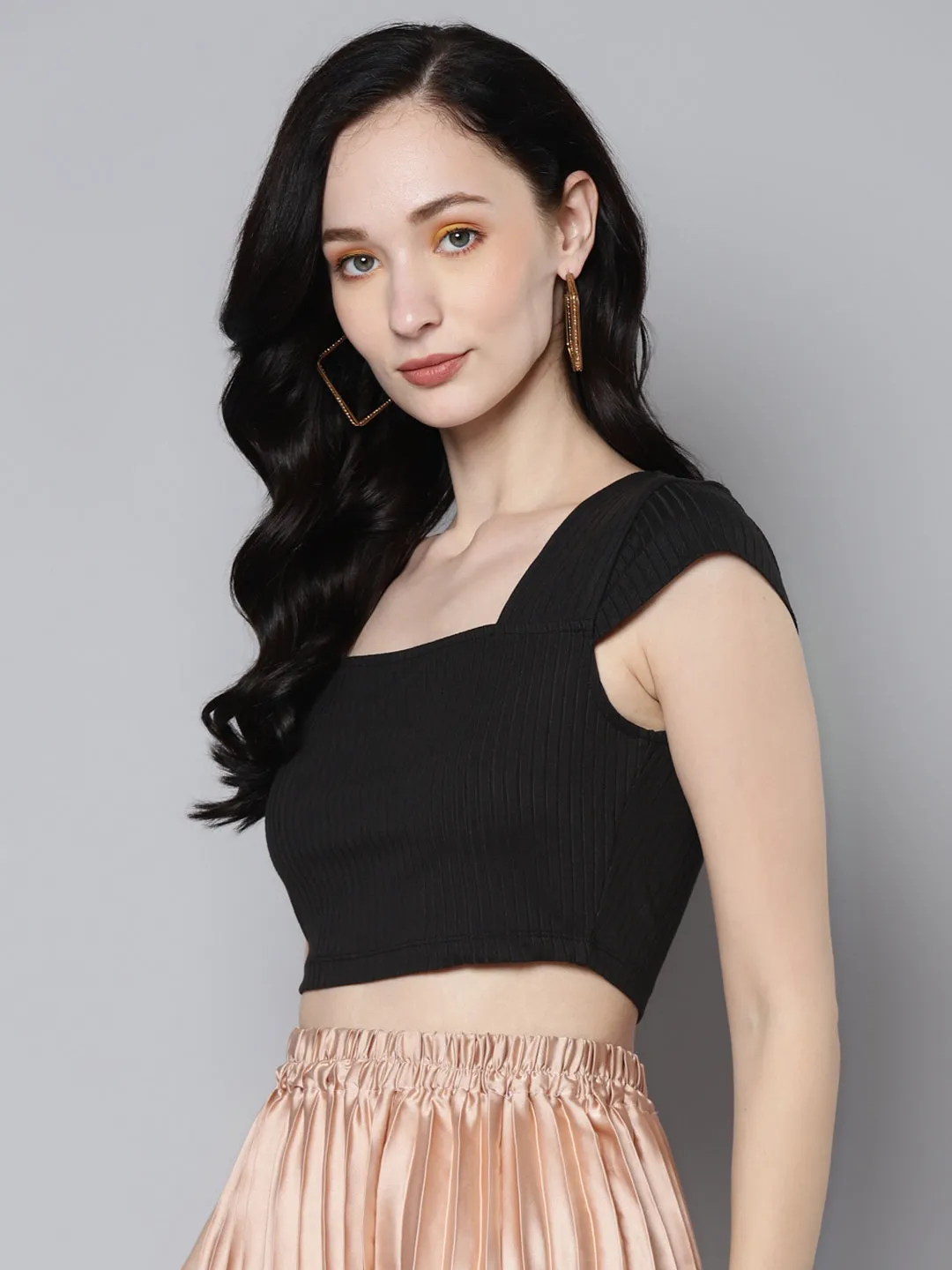 Women Charcoal Rib Square Neck Crop Top