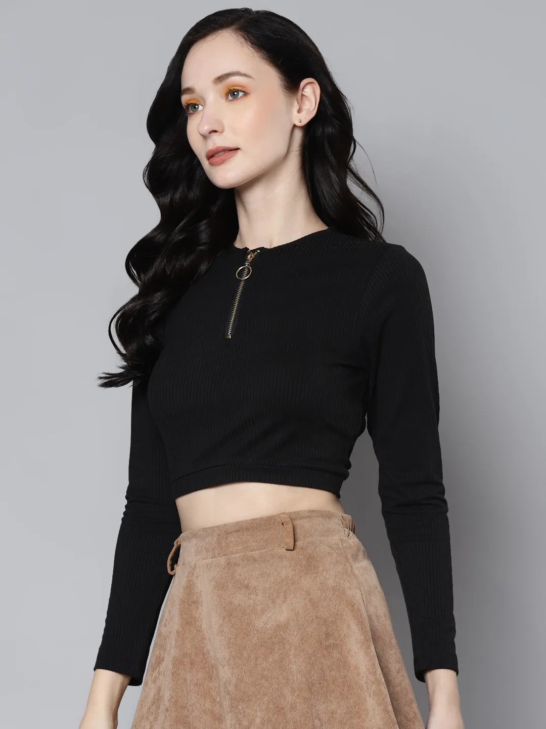 Women Charcoal Rib Zip Front Full Sleeves Crop Top