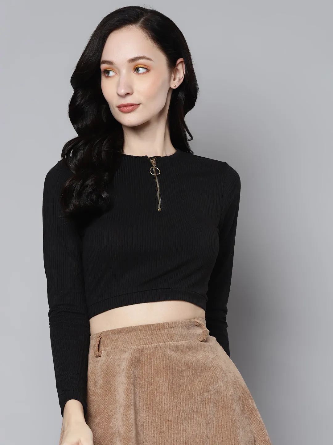 Women Charcoal Rib Zip Front Full Sleeves Crop Top