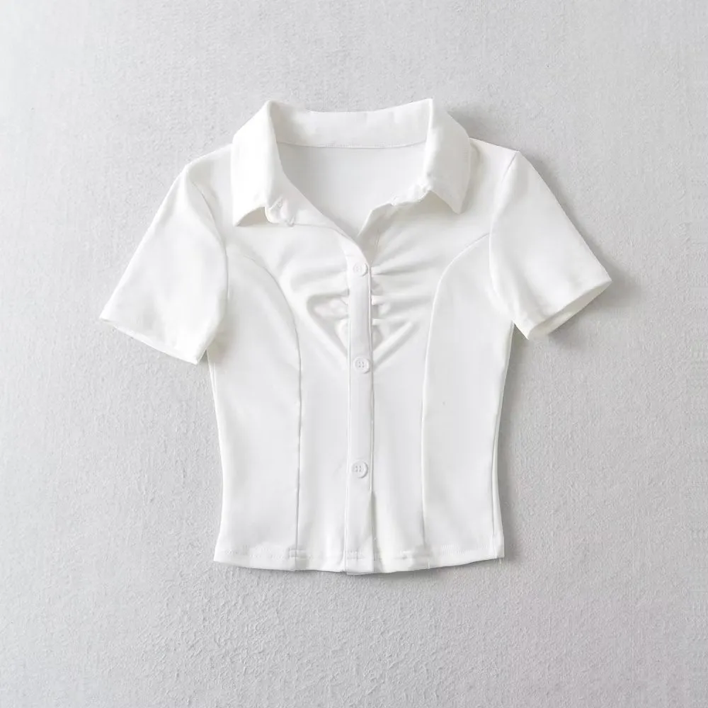 Women Clothing Summer Preppy Polo Collar Pleated Half Cardigan Crop Top Short Sleeve T shirt Top