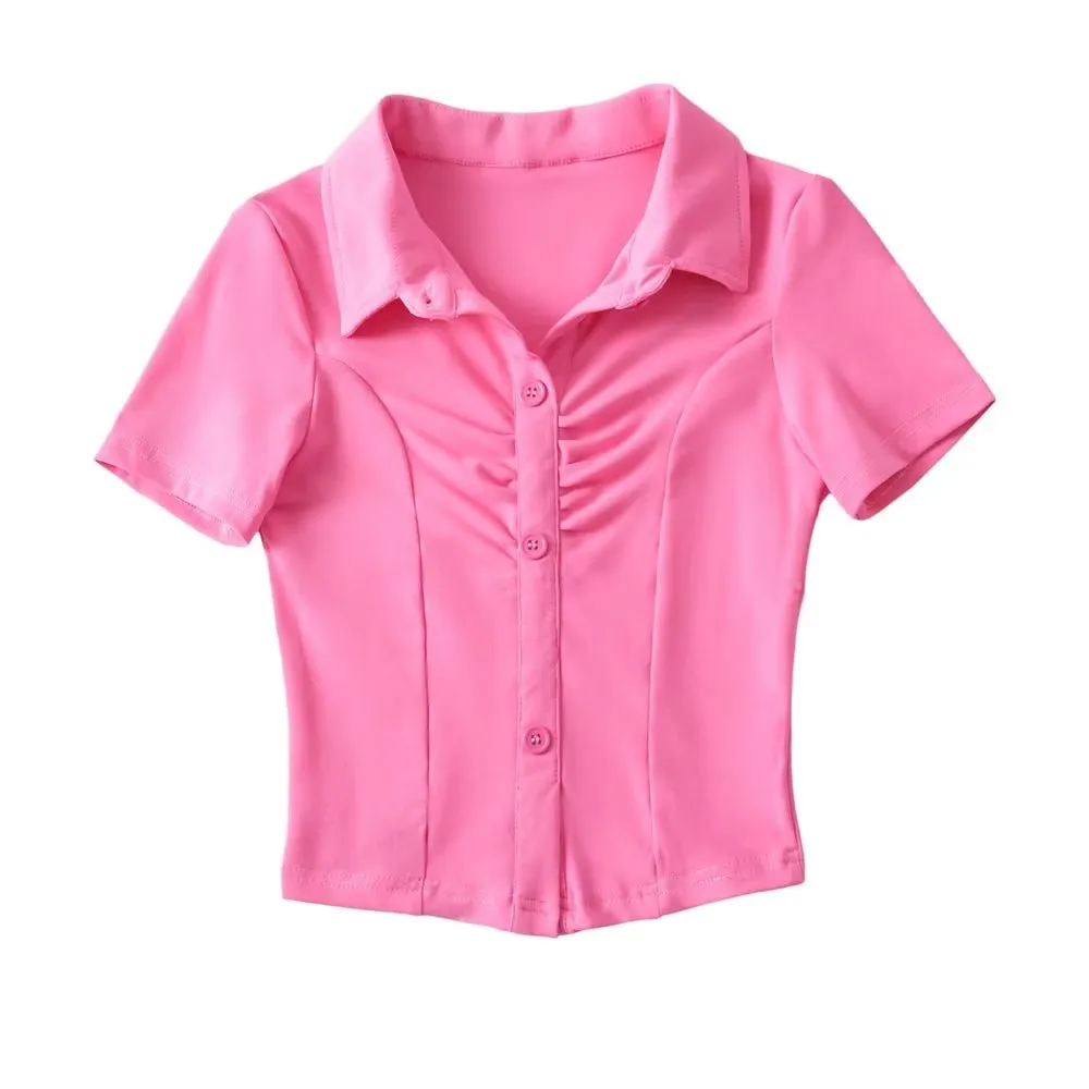 Women Clothing Summer Preppy Polo Collar Pleated Half Cardigan Crop Top Short Sleeve T shirt Top