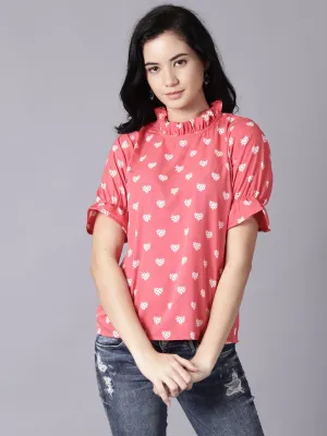 Women Coral Casual Printed High Neck Top