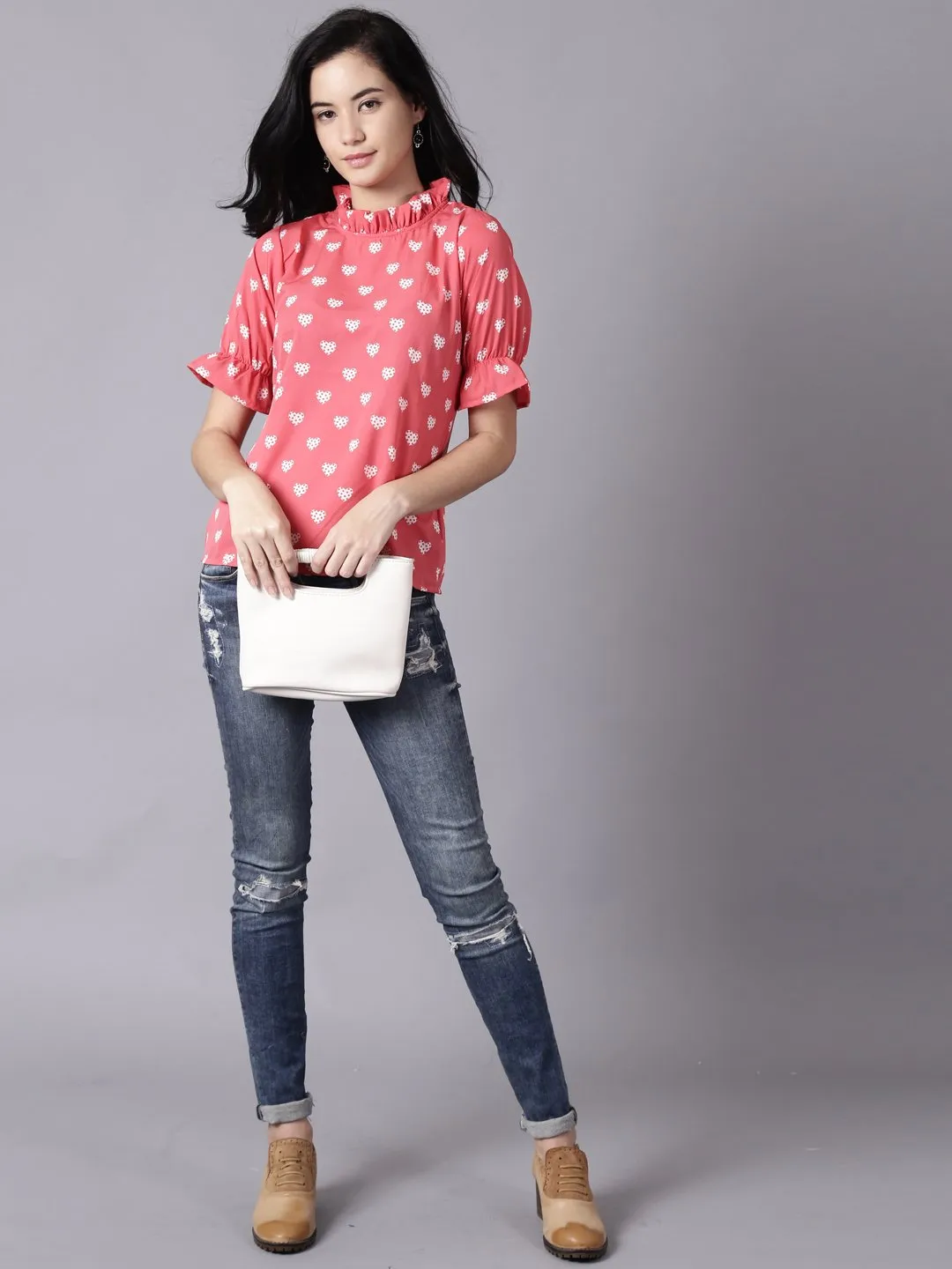 Women Coral Casual Printed High Neck Top