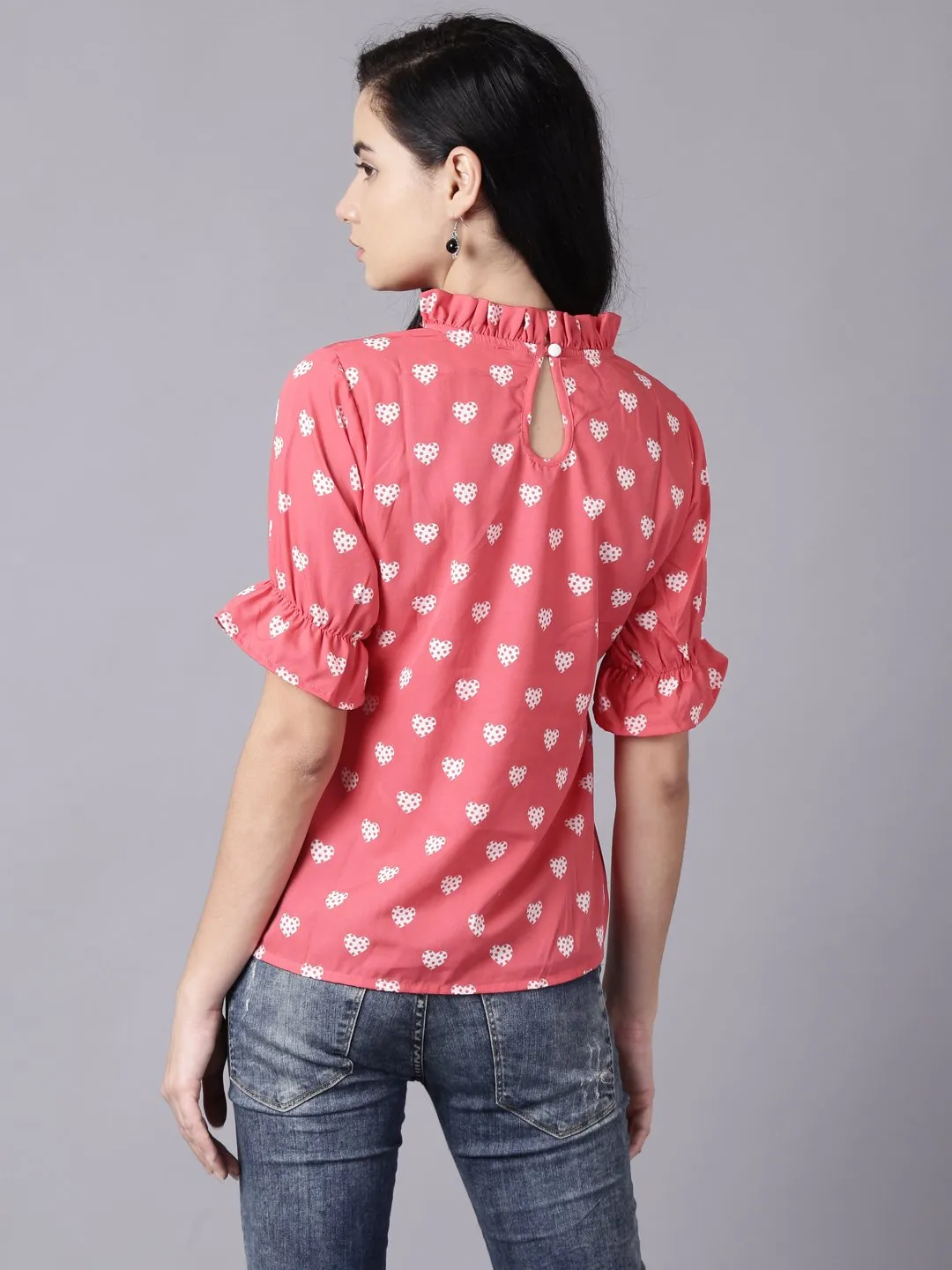 Women Coral Casual Printed High Neck Top