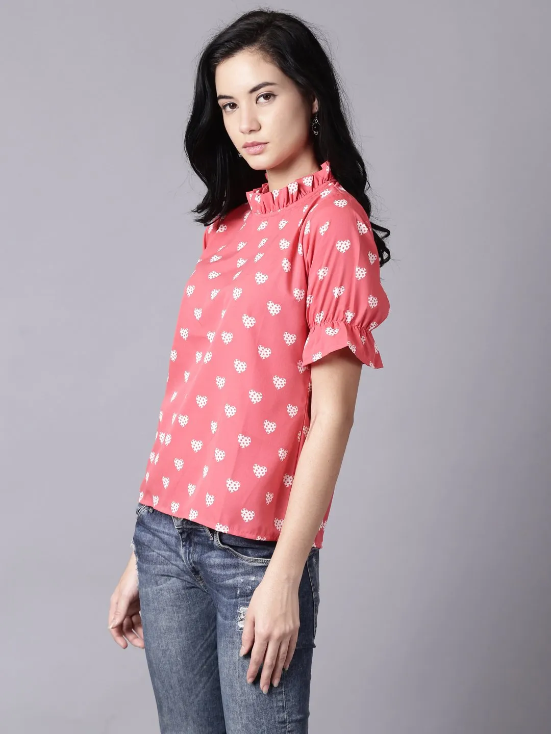 Women Coral Casual Printed High Neck Top