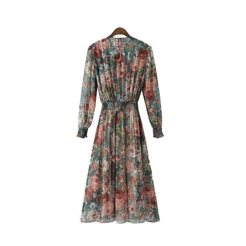 women floral chiffon dress two pieces set long sleeve elastic waist mid calf o neck casual brand dresses vestidos QZ3200 (US 6-16)