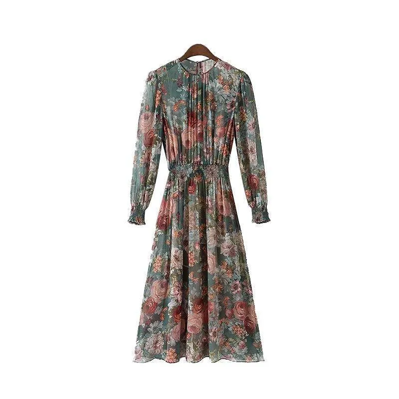 women floral chiffon dress two pieces set long sleeve elastic waist mid calf o neck casual brand dresses vestidos QZ3200 (US 6-16)