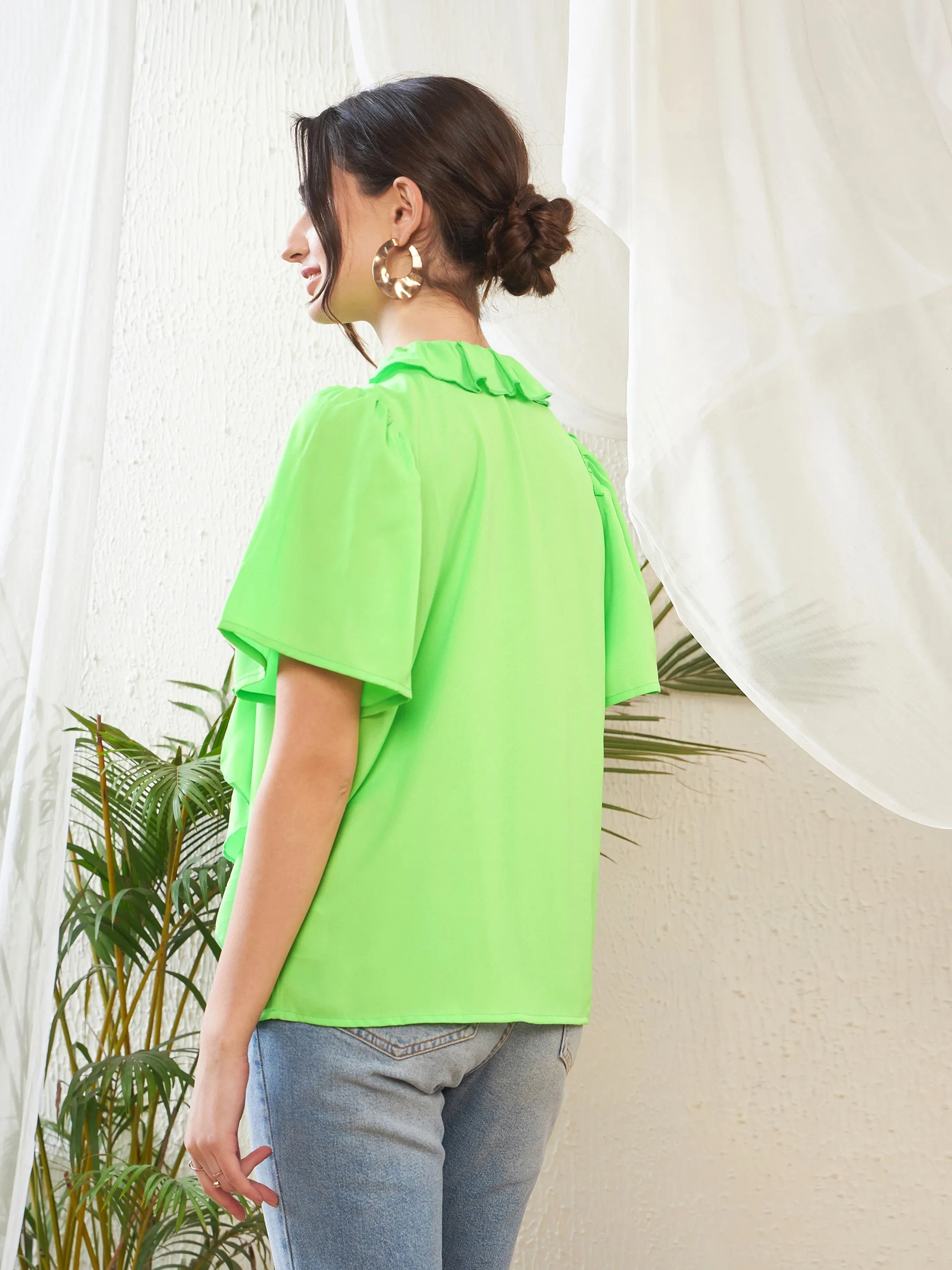 Women Green Short Sleeves Ruffle Top