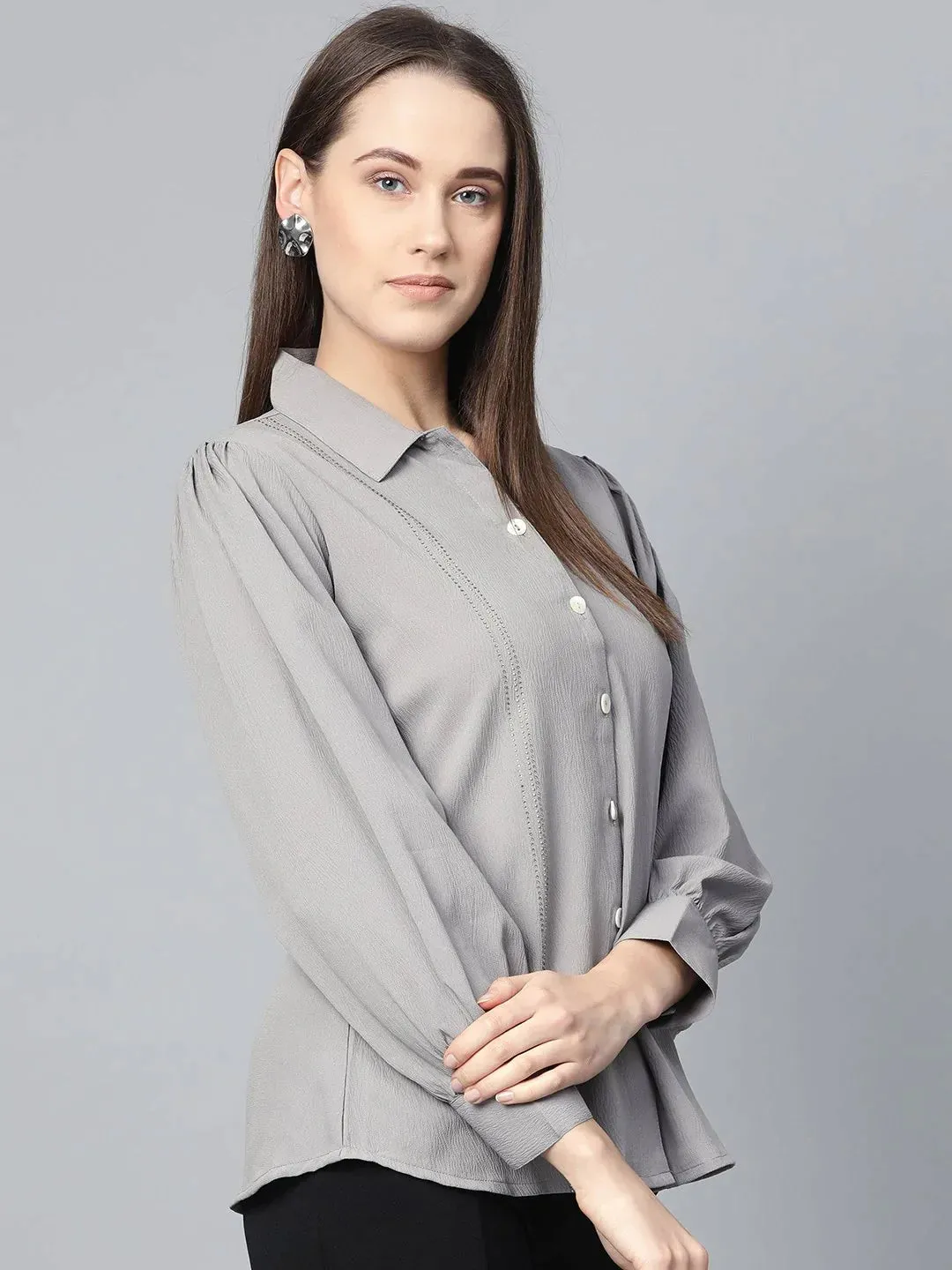 Women Grey Regular Fit Crinkled Effect Casual Shirt