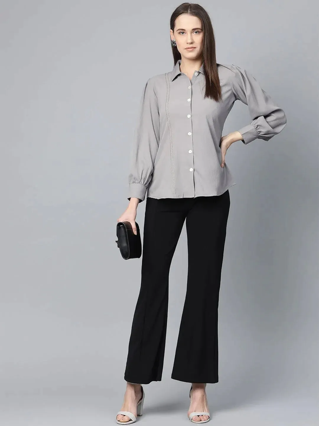 Women Grey Regular Fit Crinkled Effect Casual Shirt