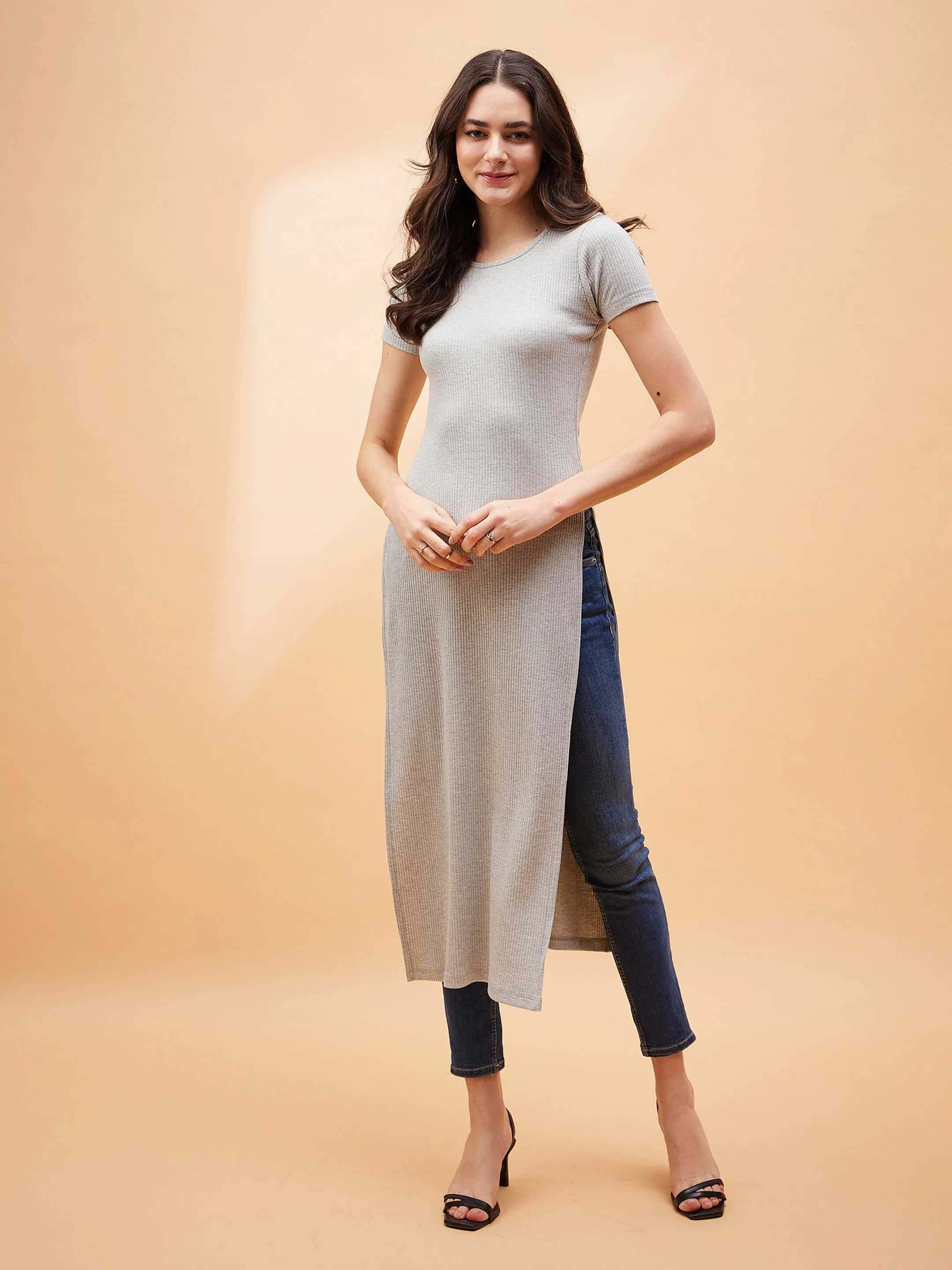 Women Grey Rib Side Slit Longline Top