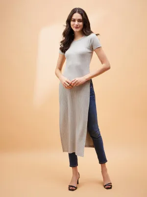 Women Grey Rib Side Slit Longline Top