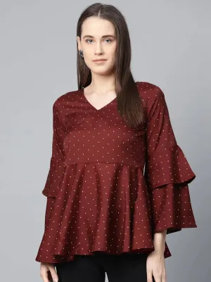 Women Maroon & White Printed A-Line Top