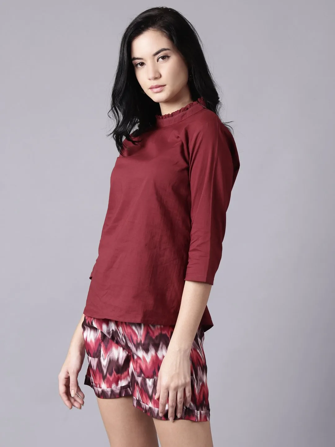 Women Maroon Casual Printed High Neck Top