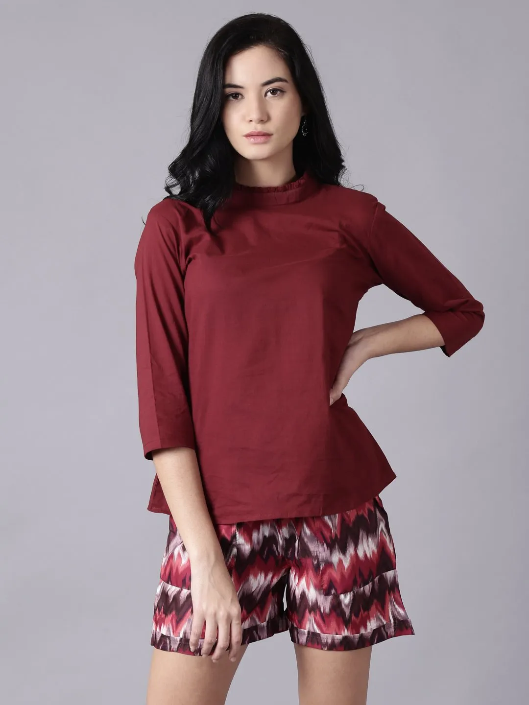 Women Maroon Casual Printed High Neck Top