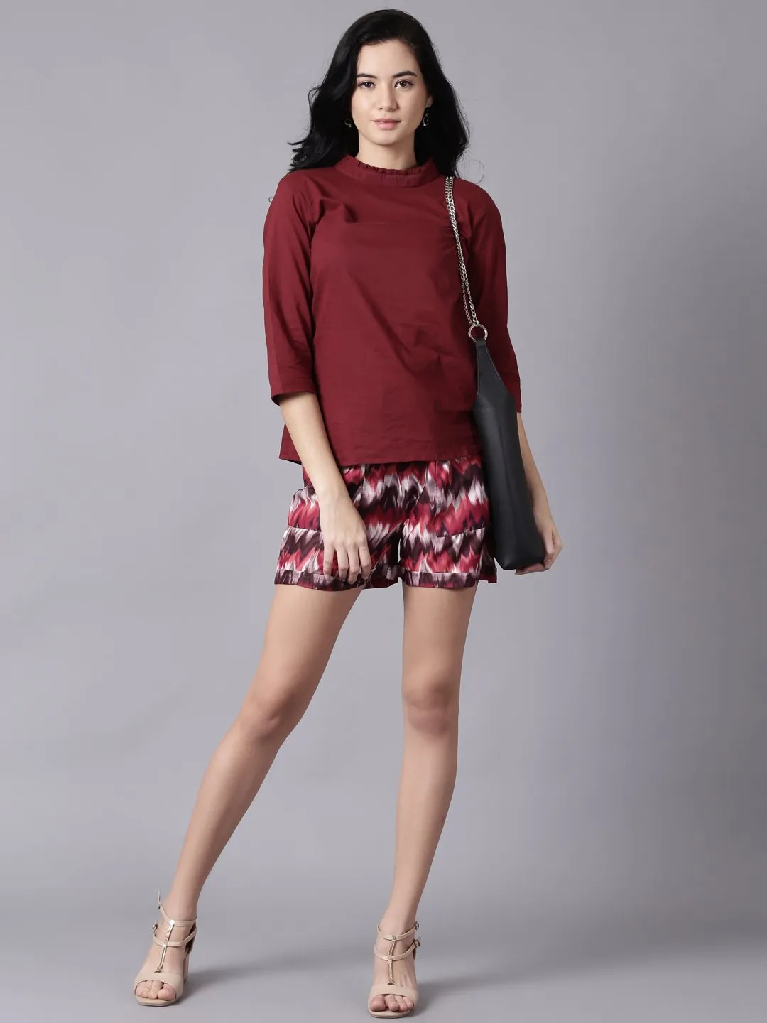 Women Maroon Casual Printed High Neck Top