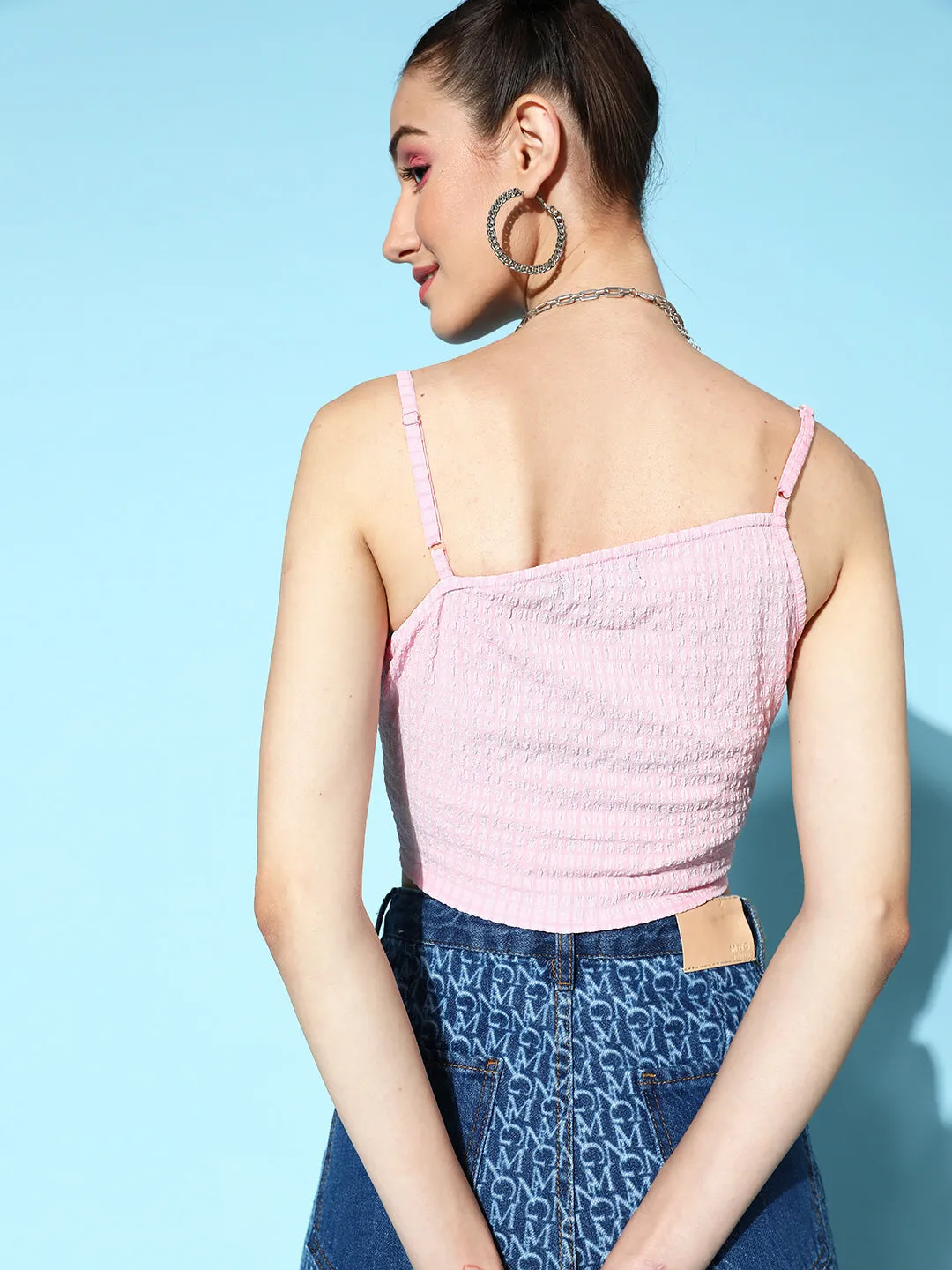 Women Pink Strappy Pleated Crop Top