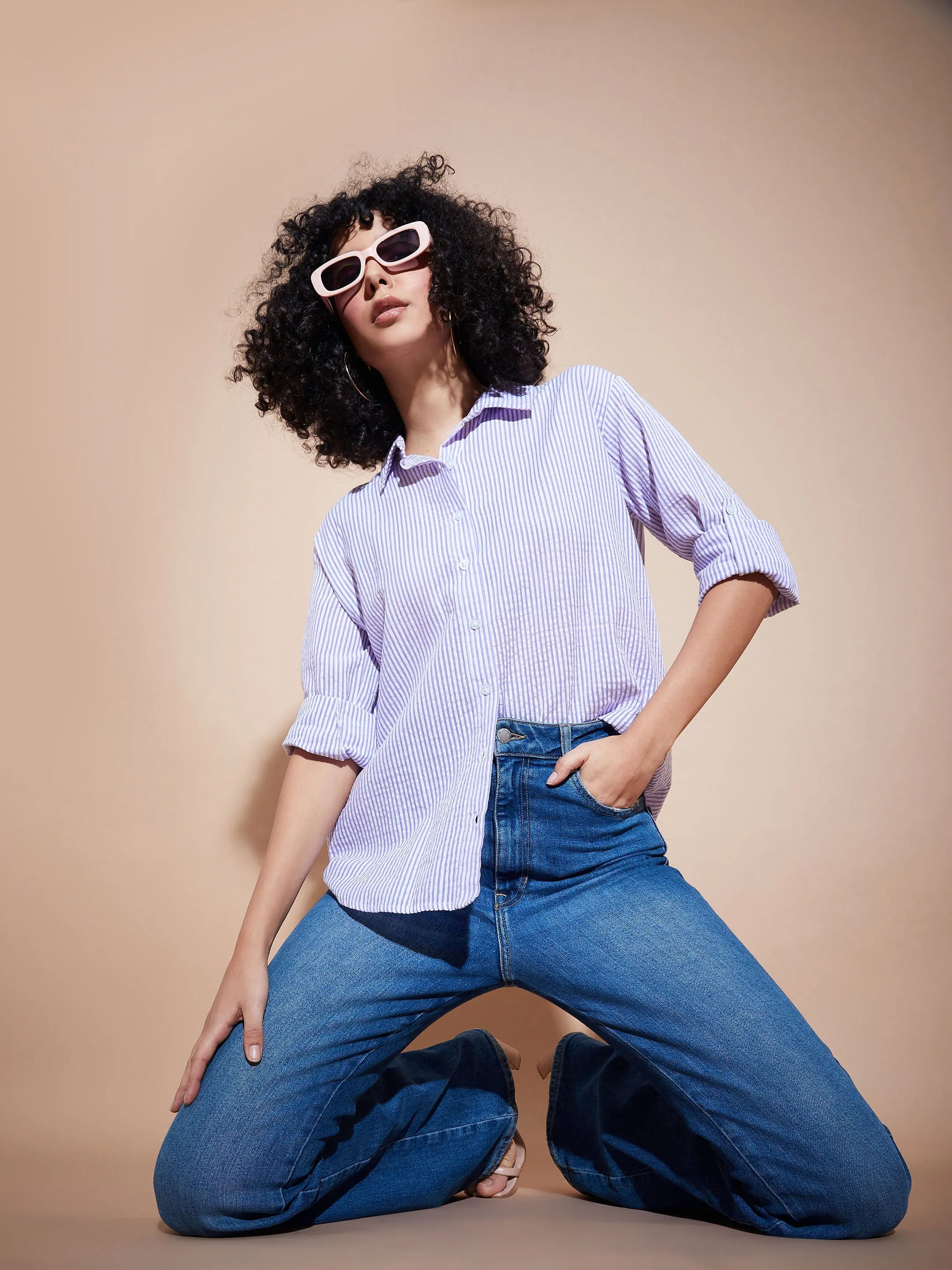 Women Purple Seersucker Pinstriped Oversized Shirt