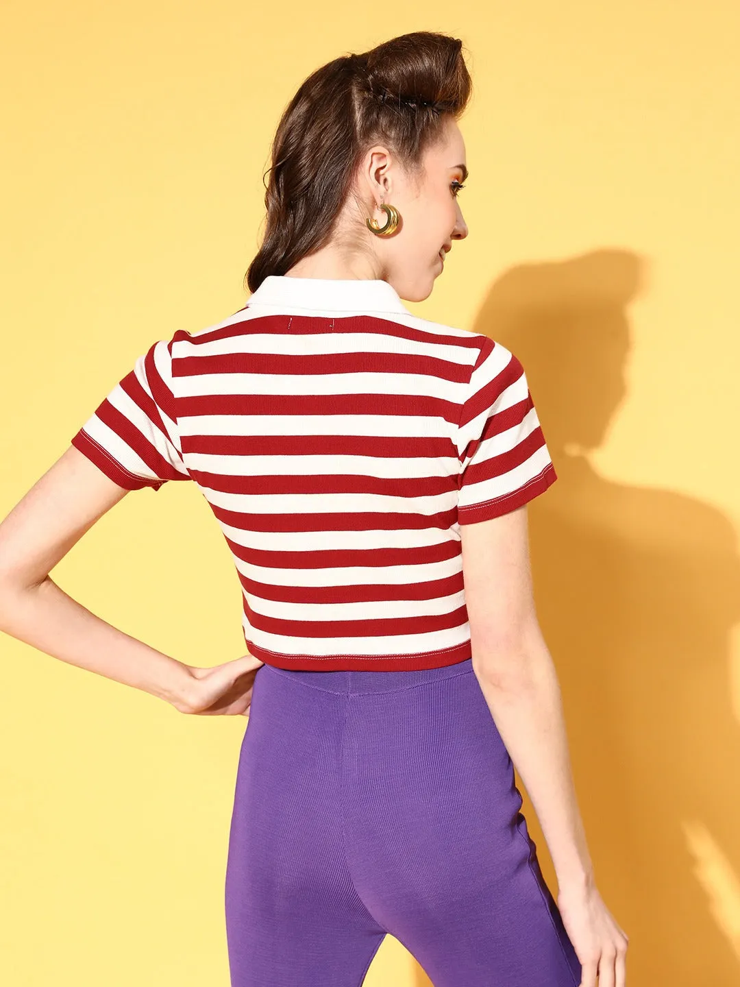 Women Red & White Wide Striped Crop Polo T-Shirt