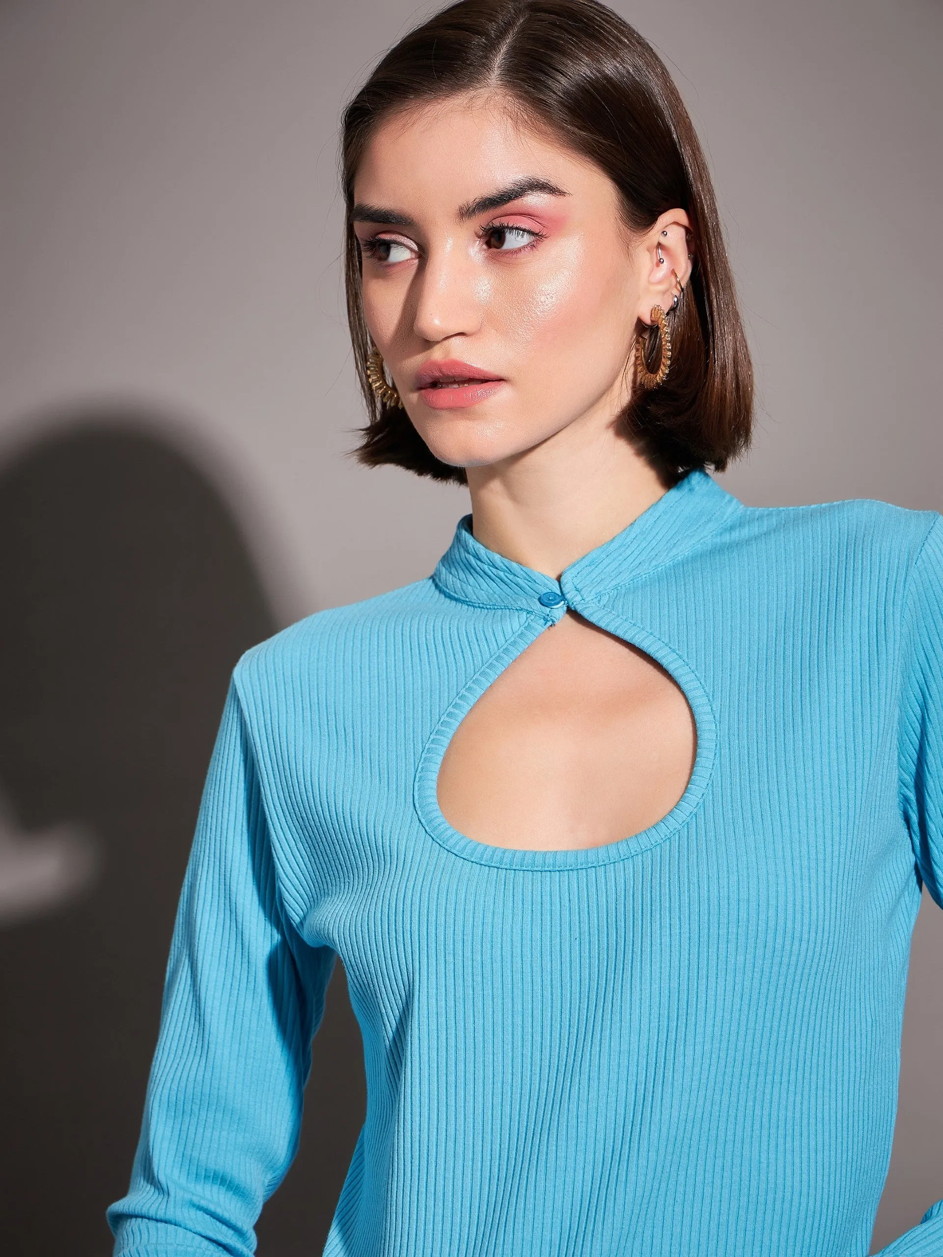 Women Turquoise Rib Neck Cut Out Top