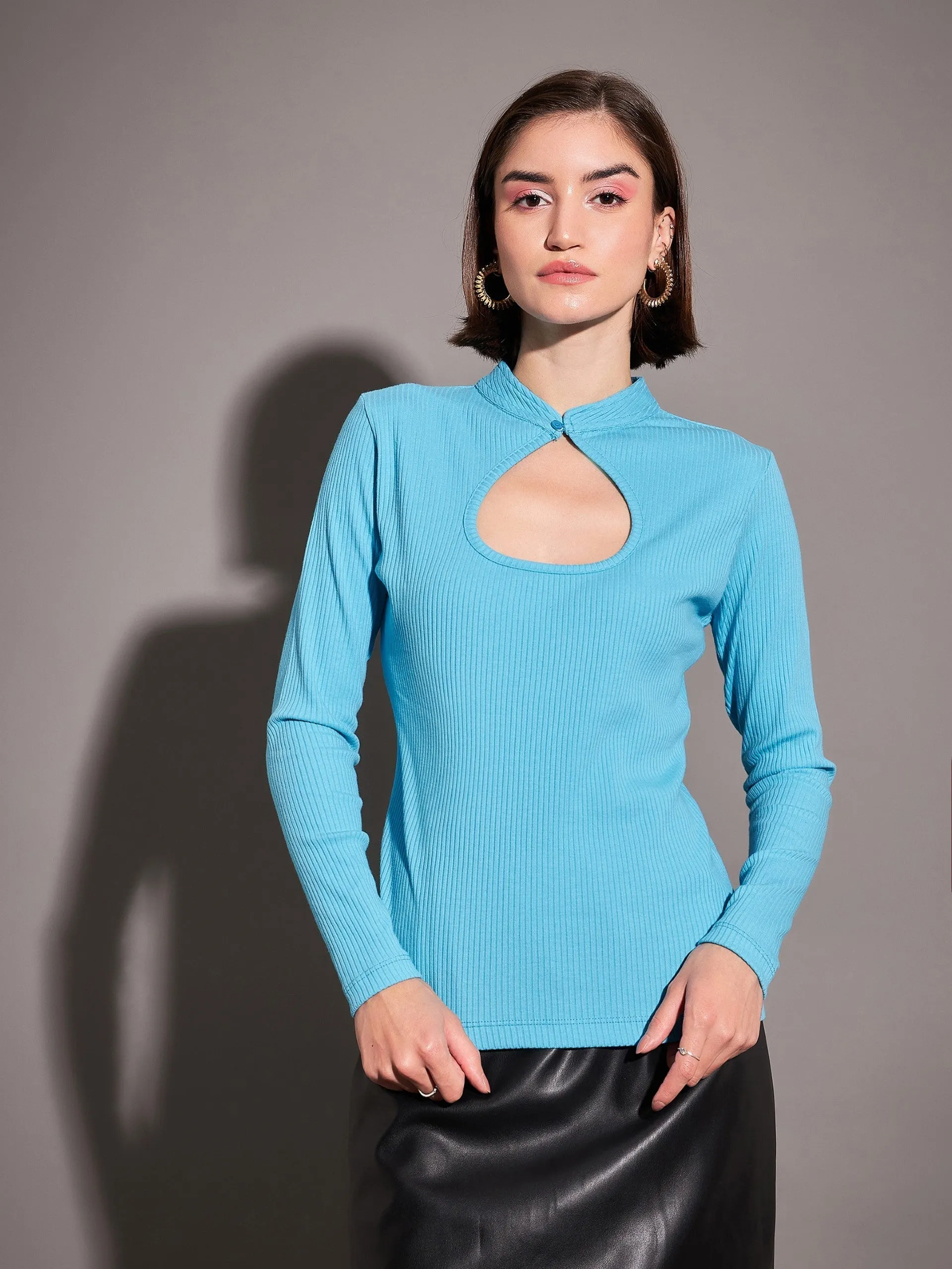 Women Turquoise Rib Neck Cut Out Top