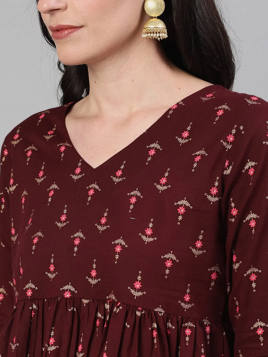 Women Wine Elbow Sleeves Printed A Line Top With Face Mask