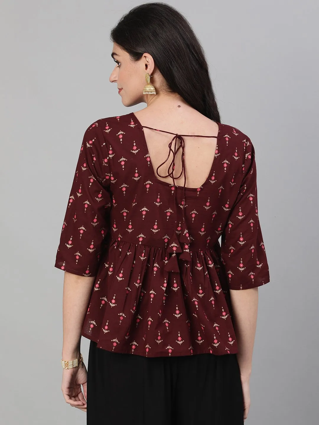 Women Wine Elbow Sleeves Printed A Line Top With Face Mask