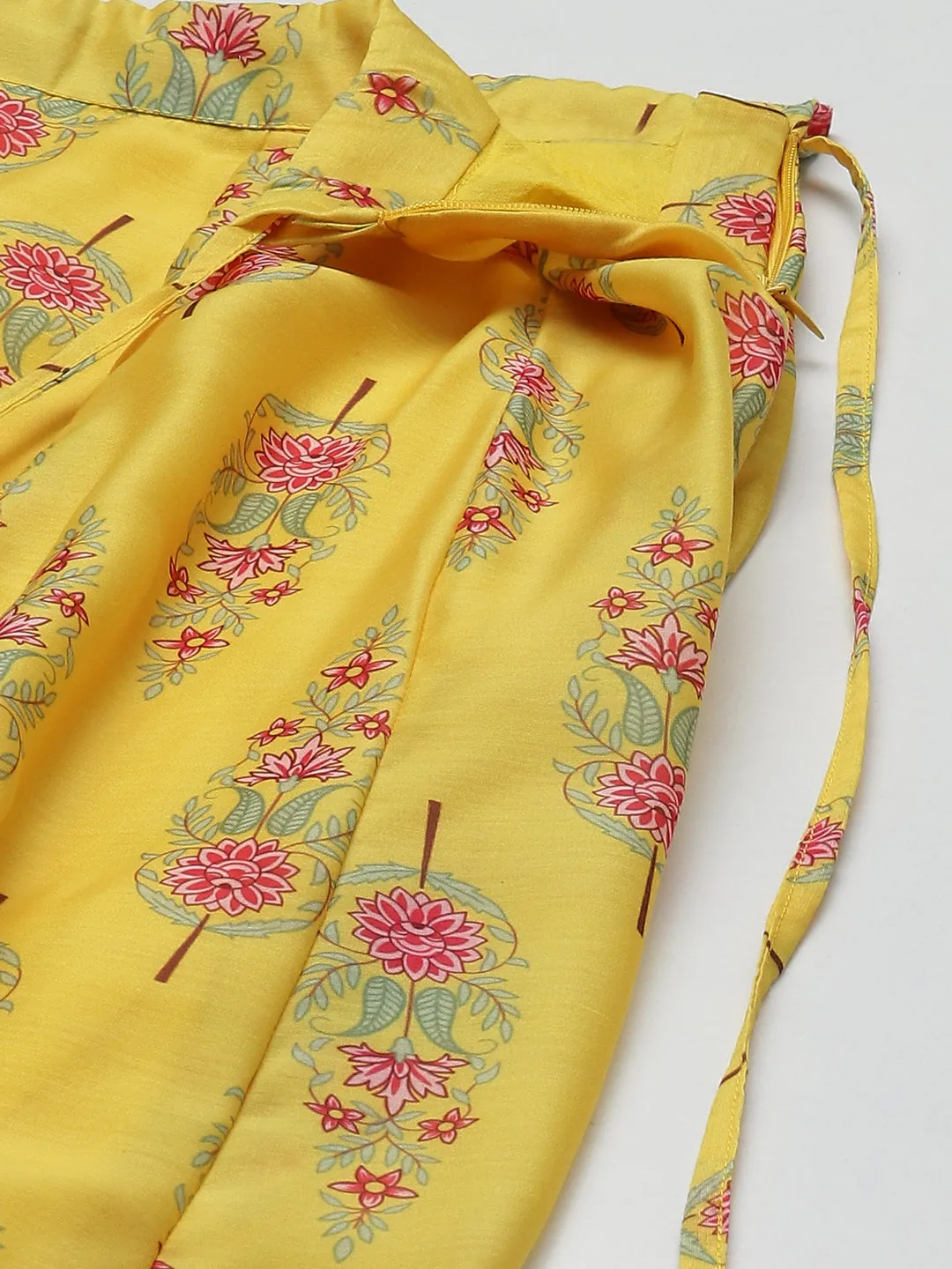 Women Yellow Chanderi Floral Crop Top With Aanrkali Skirt