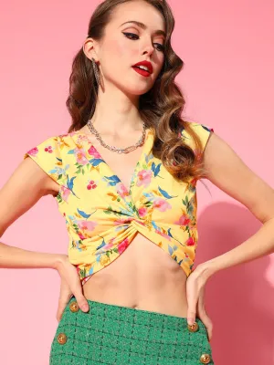 Women Yellow Floral Twisted Crop Top