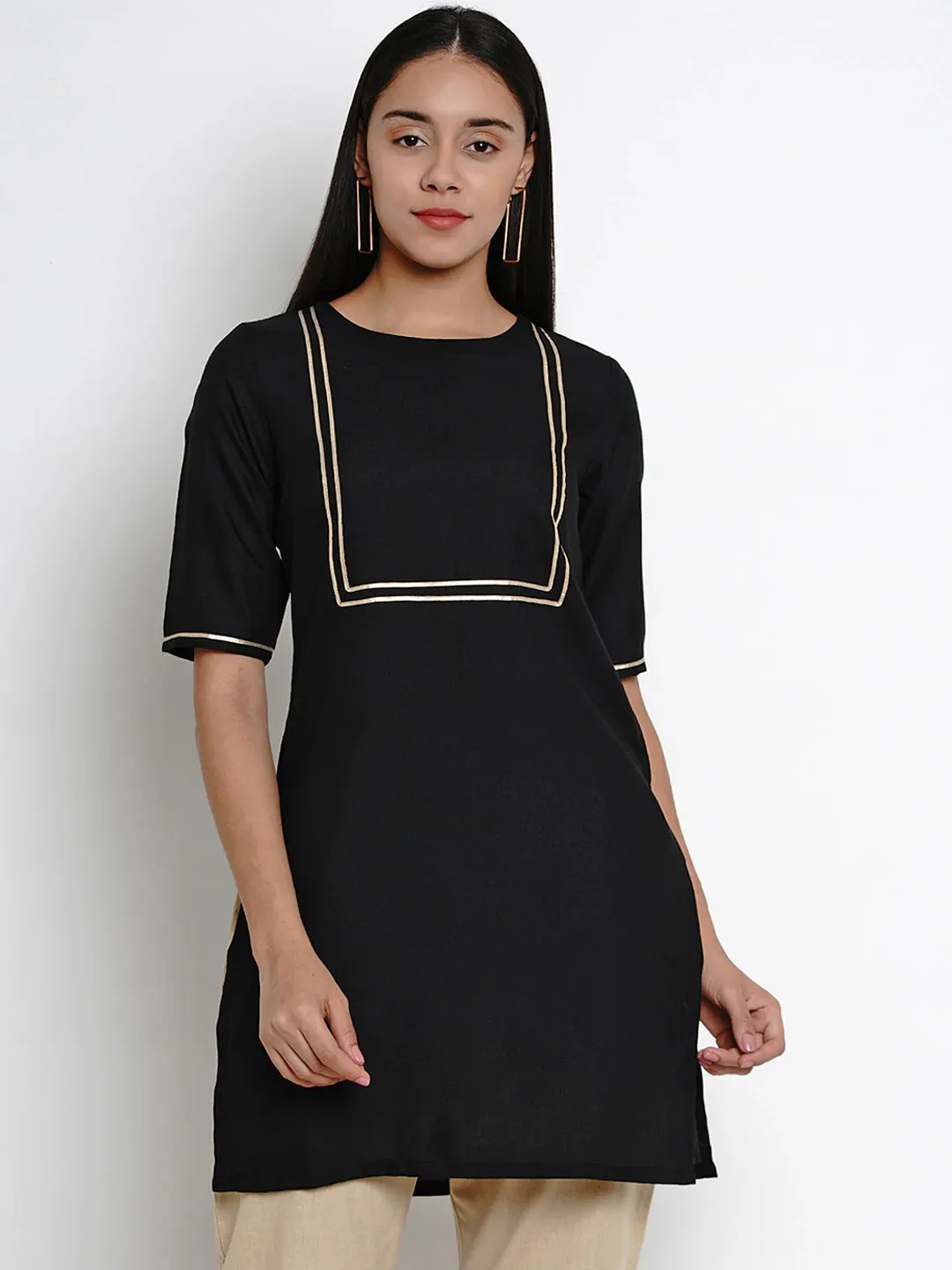 Women'S Black Straight Kurti With Gota Detailing