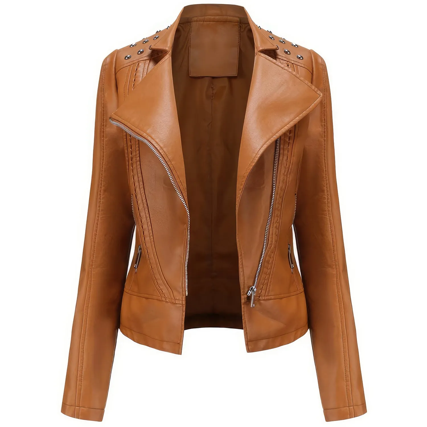 Women’s Camel Brown Biker Genuine Sheepskin Studded Shoulders Fashionable Motorcycle Rivet Crossover Asymmetric Slim Fit Leather Jacket