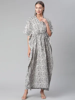 Women'S Grey Floral Cotton Kaftan