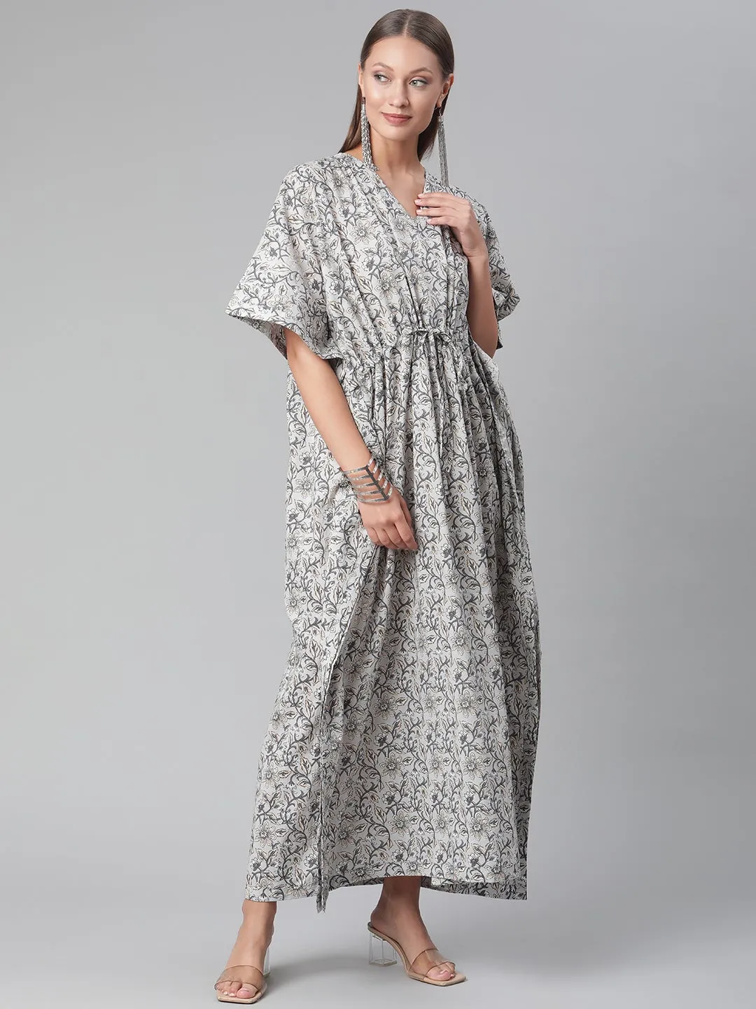 Women'S Grey Floral Cotton Kaftan