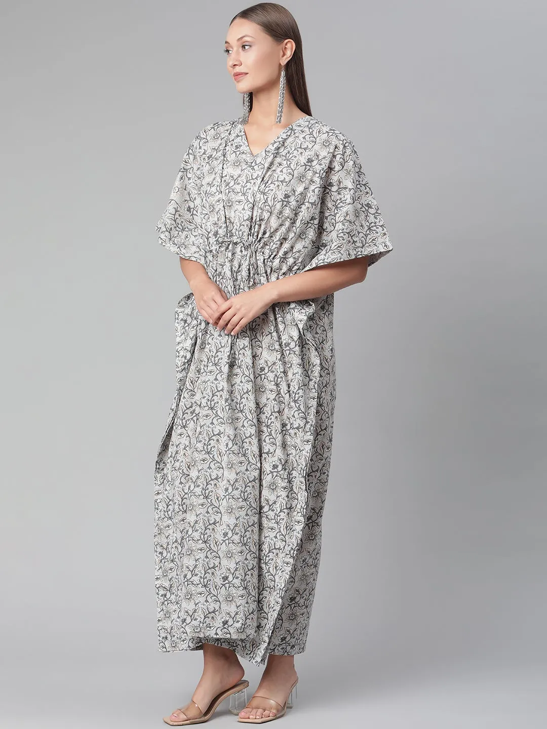 Women'S Grey Floral Cotton Kaftan