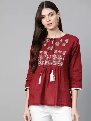 Women'S Maroon Printed A-Line Top