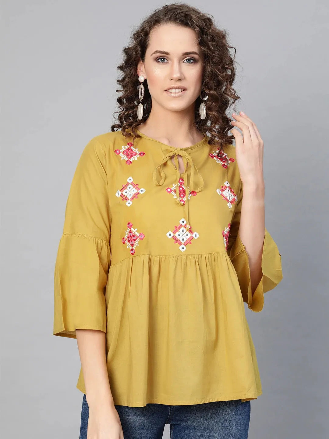 Women'S Mustard Yellow Solid Mirror Work A-Line Top