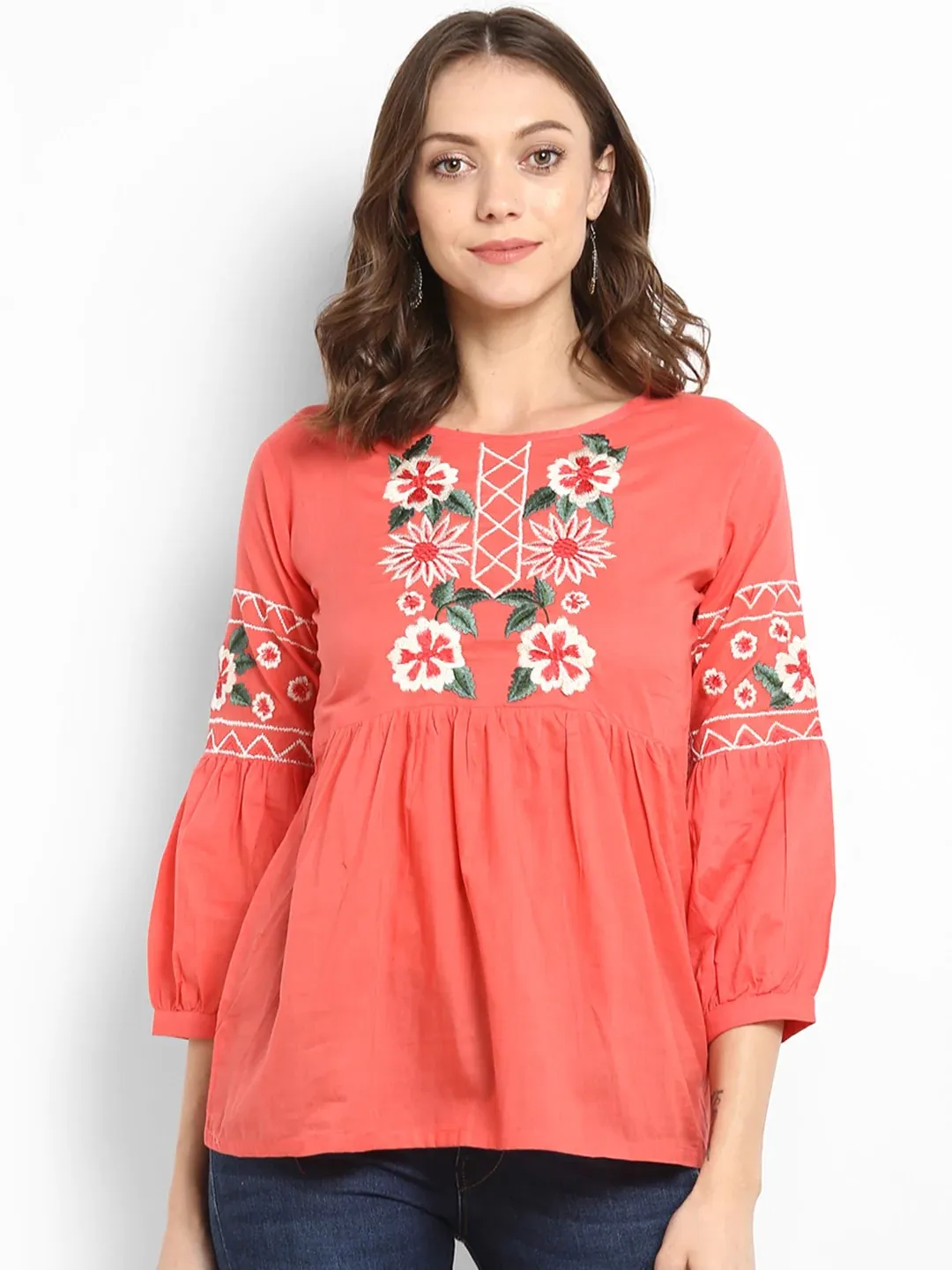 Women'S Peach-Coloured Embellished Empire Top