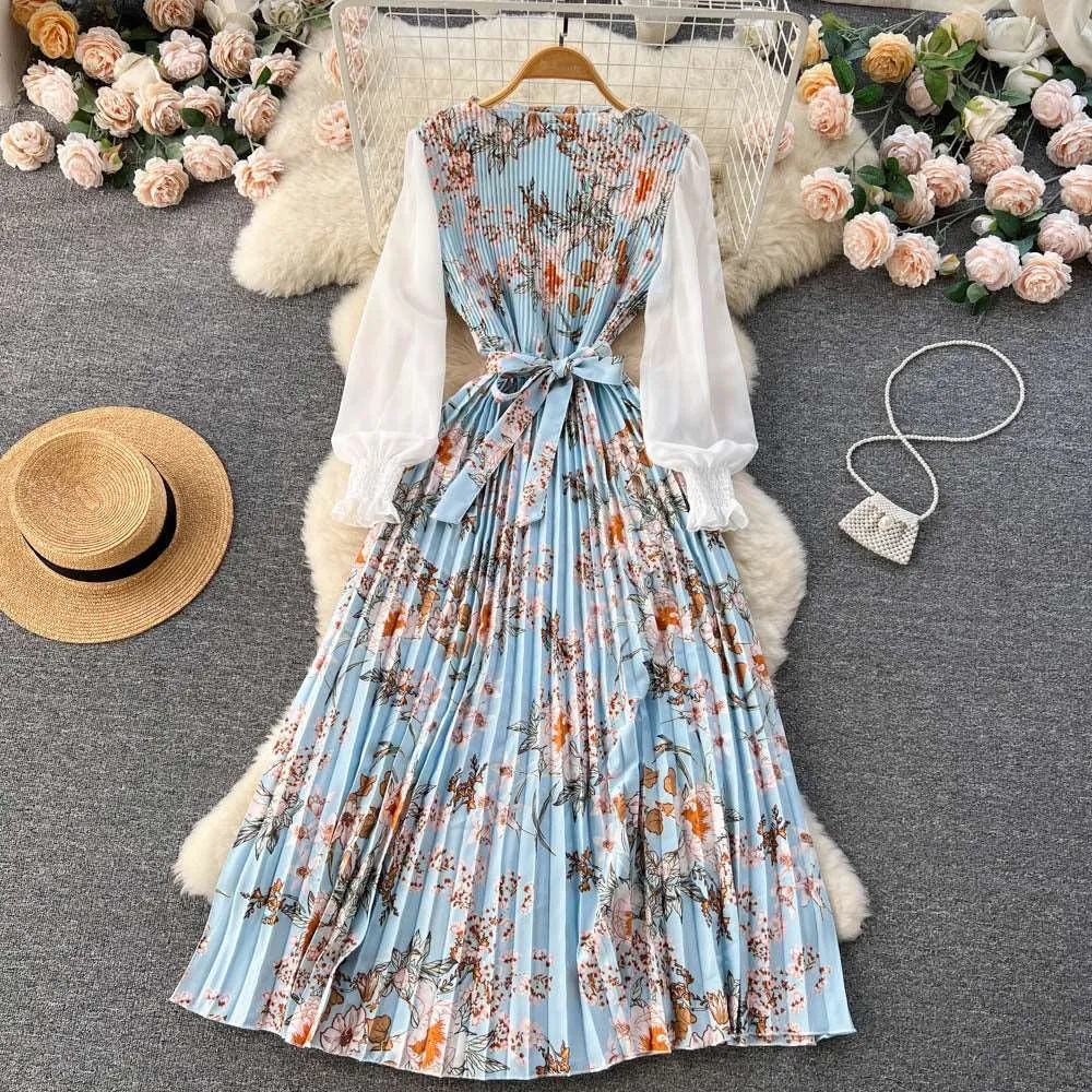 Women's Vintage Floral Pattern Print Long Sleeve Dress with Belt