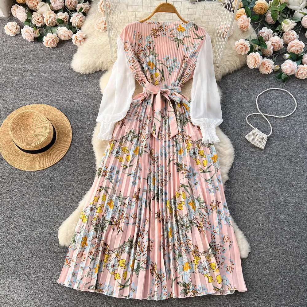 Women's Vintage Floral Pattern Print Long Sleeve Dress with Belt