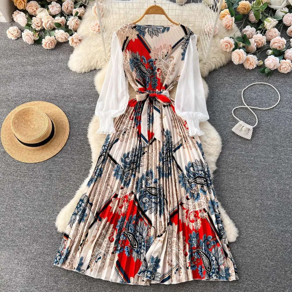 Women's Vintage Floral Pattern Print Long Sleeve Dress with Belt