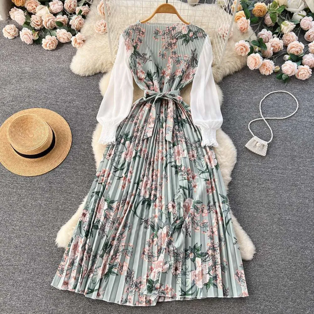 Women's Vintage Floral Pattern Print Long Sleeve Dress with Belt