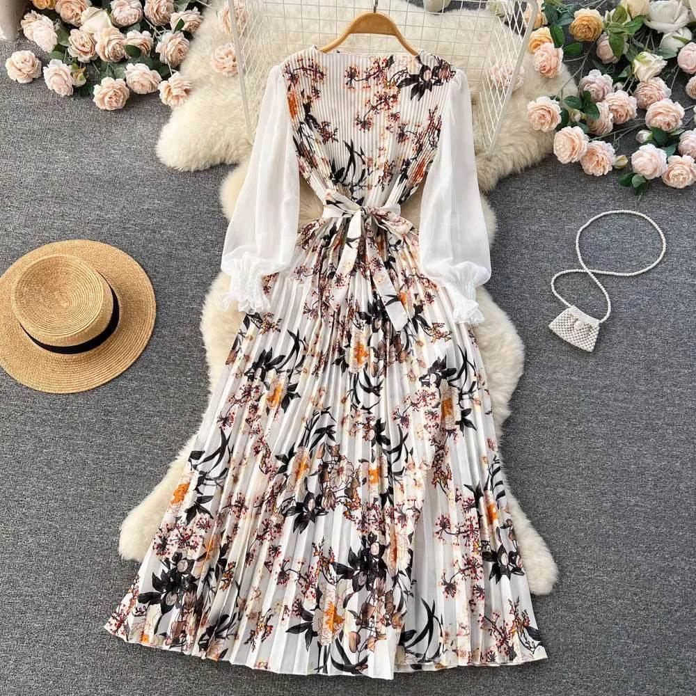 Women's Vintage Floral Pattern Print Long Sleeve Dress with Belt