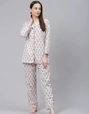 Women'S White Printed Cotton Night Suit