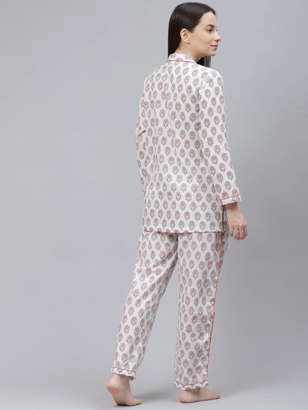 Women'S White Printed Cotton Night Suit