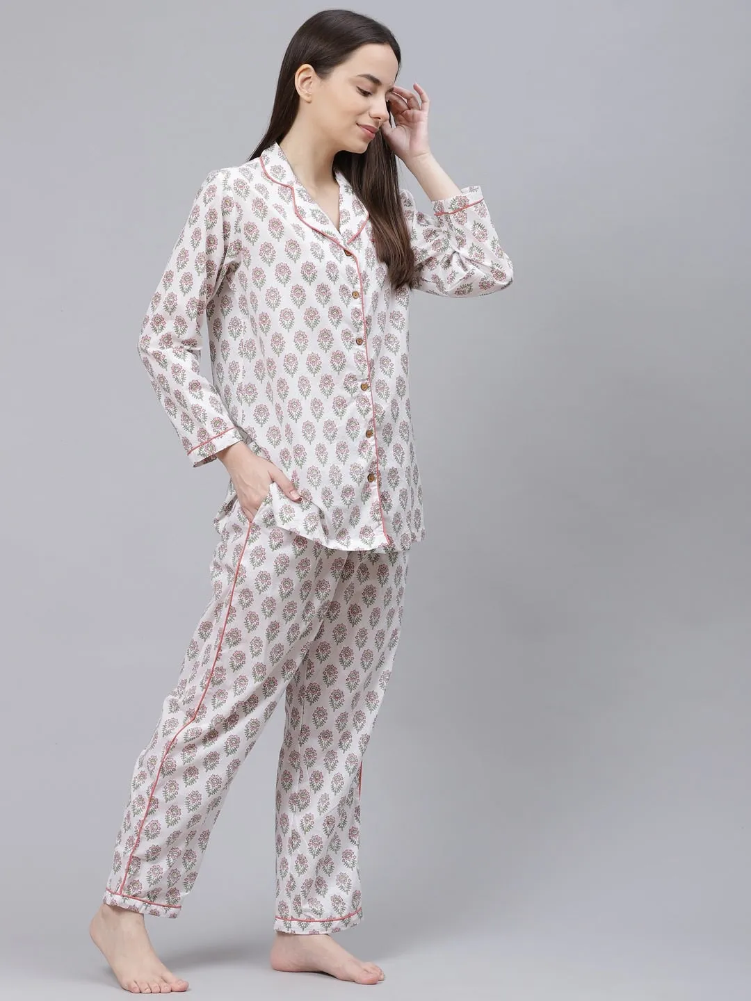 Women'S White Printed Cotton Night Suit