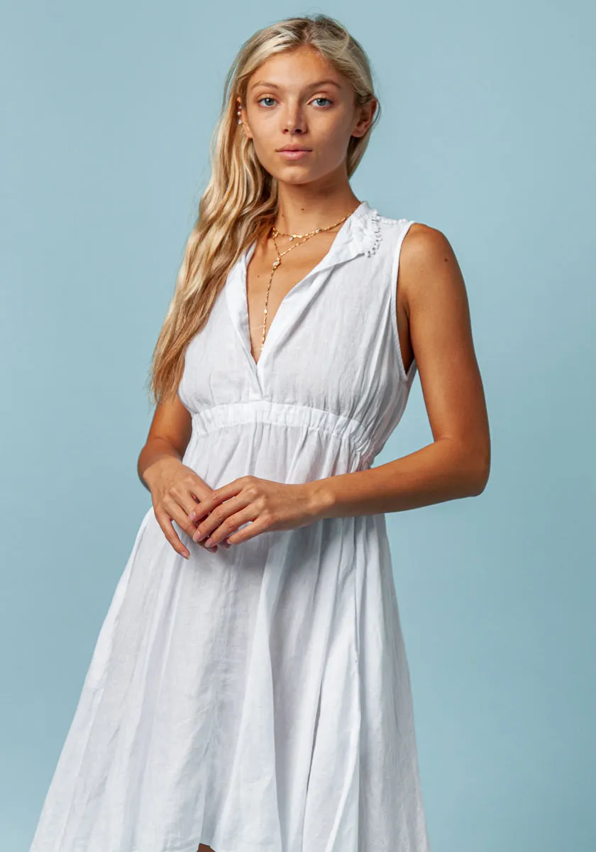 Women's White Sleeveless Linen Dress | Italian Style with Elastic Waist & Shoulder Detail, Item #8384